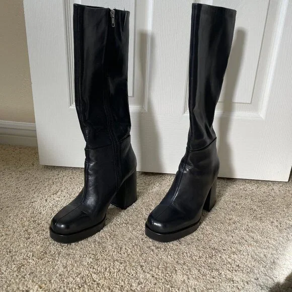 Platform Square Toe Leather Boots - Picture 2 of 9